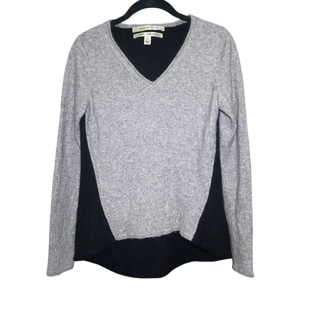 Max Studio Cashmere V-Neck Color Block Sweater Large Grey Black